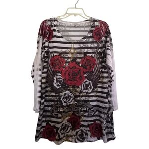 Cache Womens XL Rose Graphic Rhinestone Striped Long Sleeve Top Red Black White